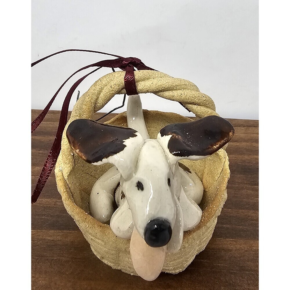 Vtg Artisan Pottery Whimsical Dachshund In A Basket Ornament Claire Barr Wilson - Picture 2 of 10